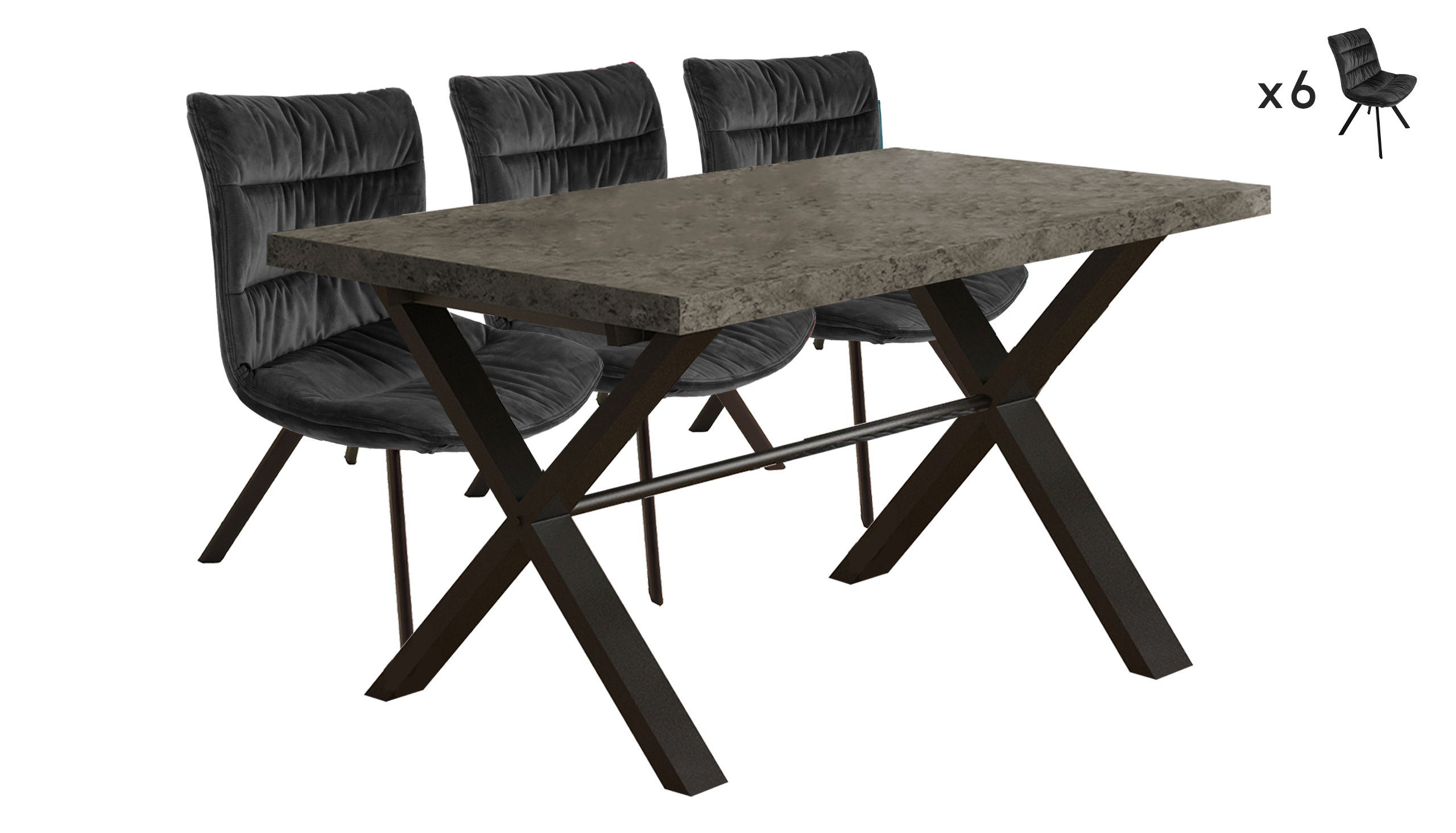Brooklyn Concrete Effect 1.9m Dining Table with 6 Velvet Chairs
