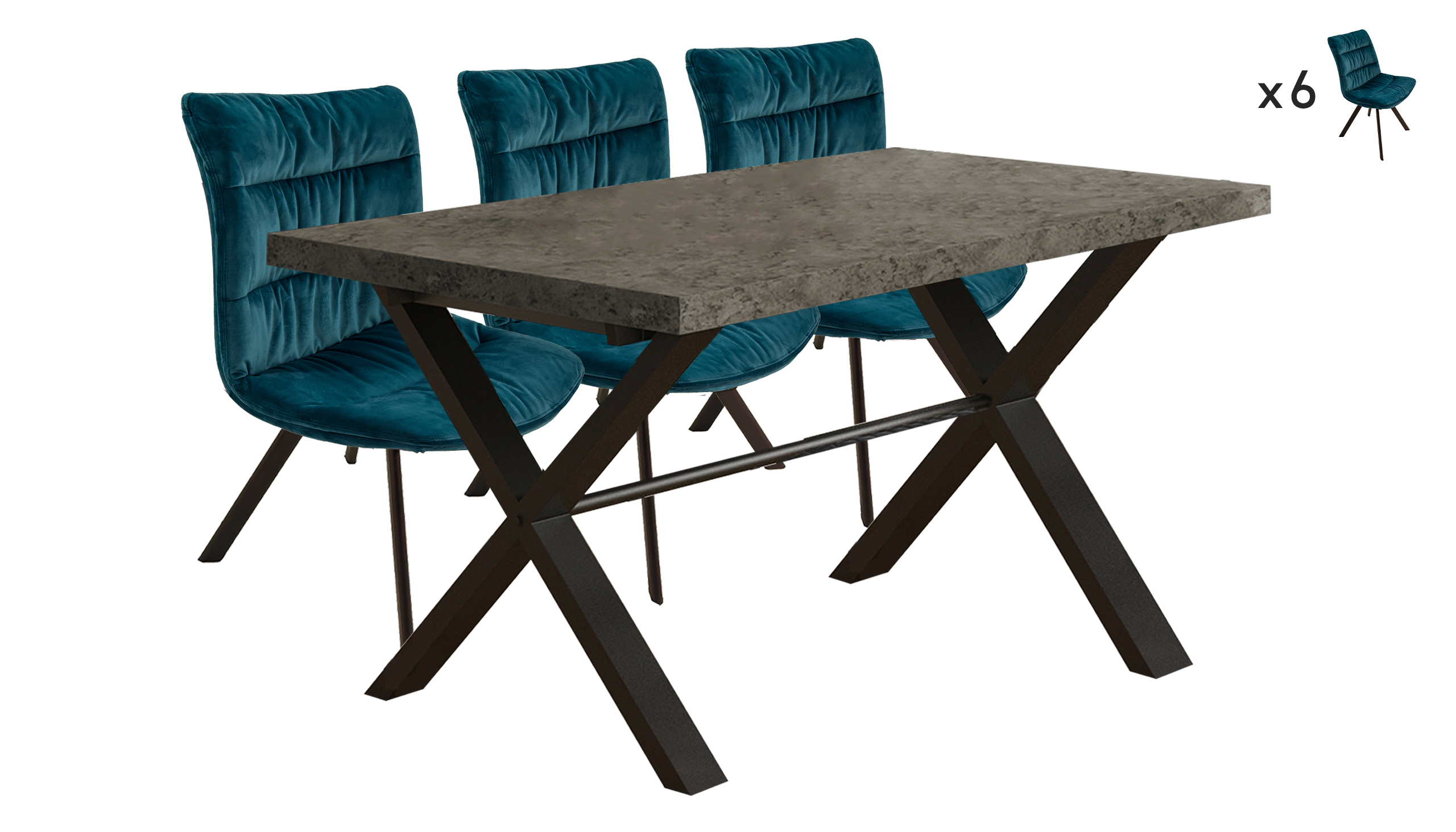 Brooklyn Concrete Effect 1.9m Dining Table with 6 Velvet Chairs