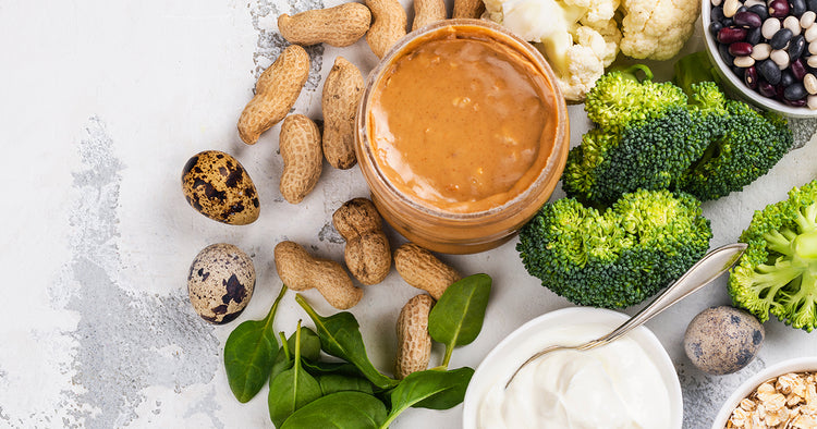 quail eggs, peanut, peanut butter, and broccoli