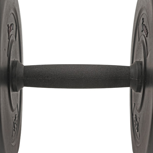 SOLID STEEL BARBELL | The solid steel polypropylene coated bars are 17 inches long to provide ample space to accommodate the 6 interchangeable vinyl plates. The mid-point of the handle bar measures at 1.1 inches in diameter.