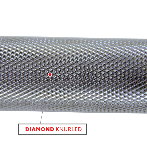 DIAMOND KNURLING | Diamond knurled grip areas for demanding workouts without slippage. Etchings are ‘medium-fine’ as most commonly found in commercial gyms. Safe and comfortable for solid grip, but not too aggressive that chew up your hands.