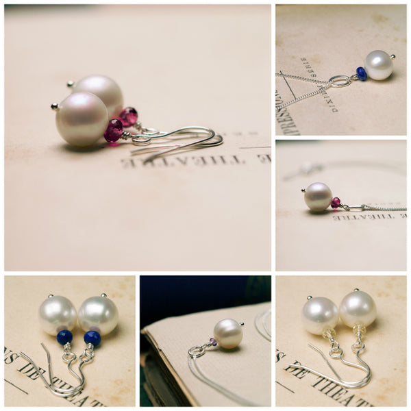 selection of ivory pearl jewellery with a variety of colourful gemstones