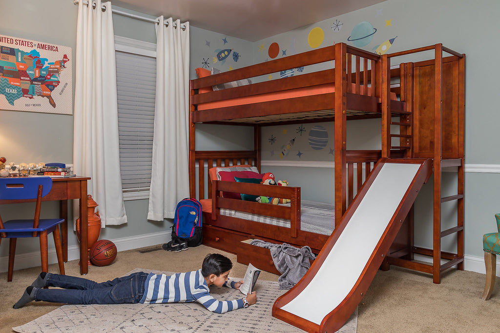tall high bunk bed with slide boys room