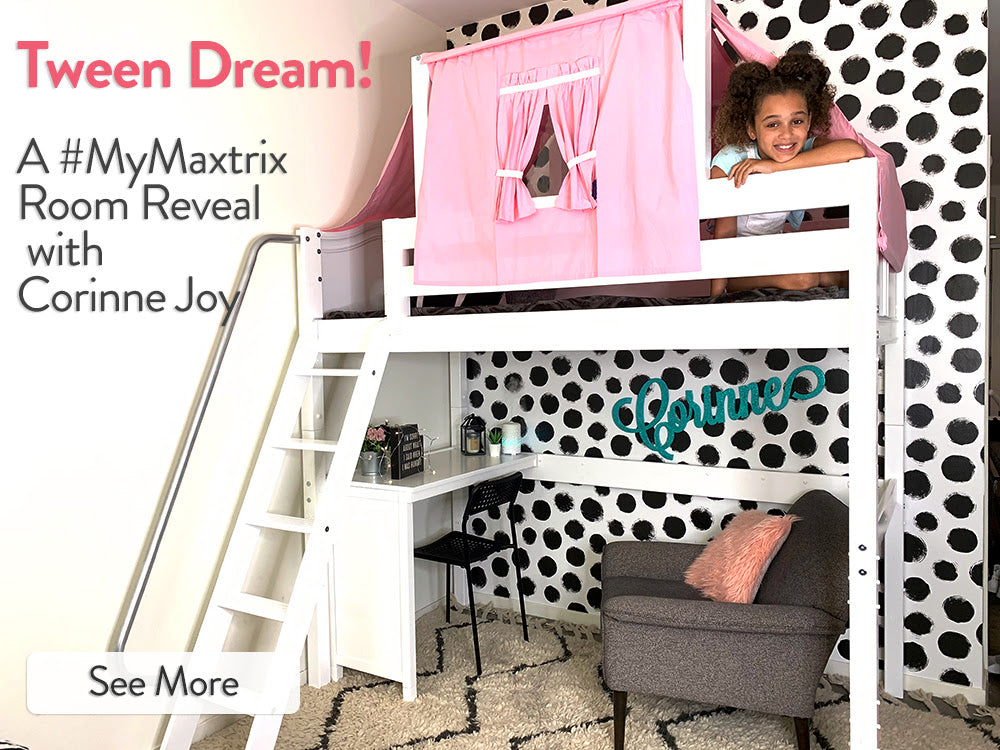 corinne joy maxtrix loft bed with desk and top tent