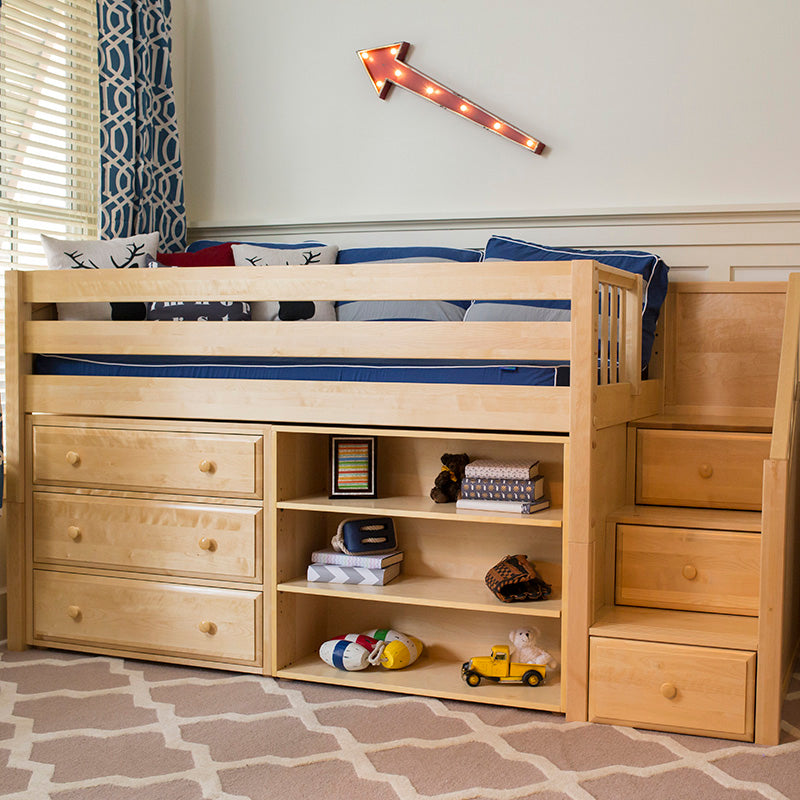 low loft bed with stairs and storage