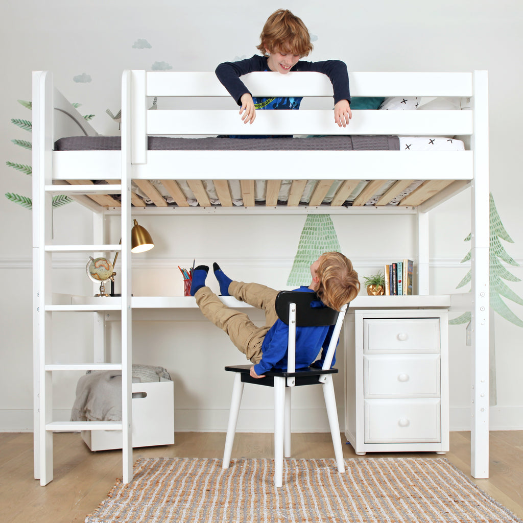 high loft bed with desk and storage