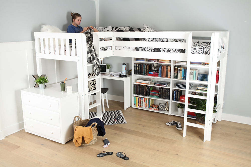 high corner loft bed with desk storage