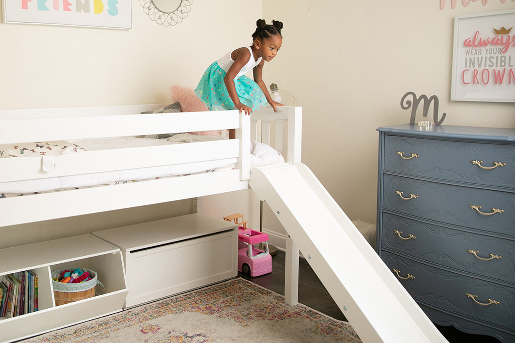 twin low loft bed with slide and stairs