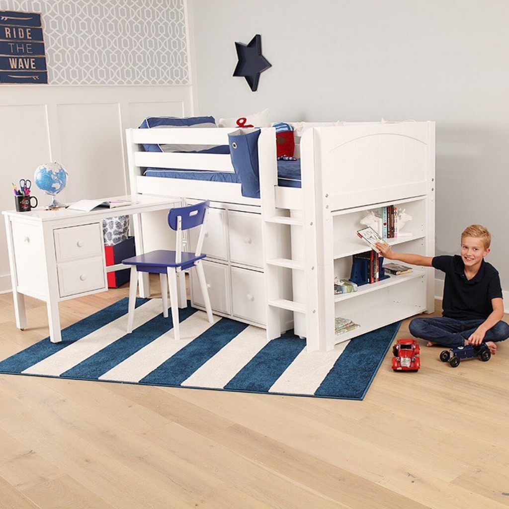 white loft bed with storage