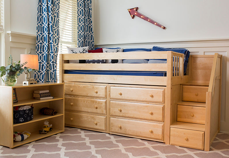 low loft bed with stairs and storage