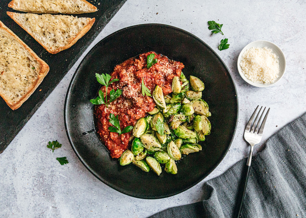 Turkey Bolognese with Brussels Sprouts and Garlic Focaccia Toast
