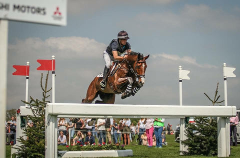 A brown horse clearing a jump during a riding competition