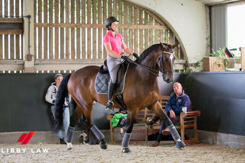 Woman riding horse in indoor arena as two people sit and watch