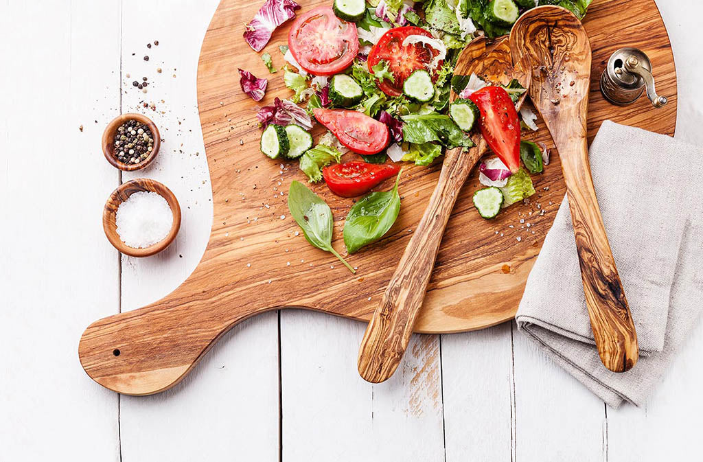 cutting board with fruits and vegetables