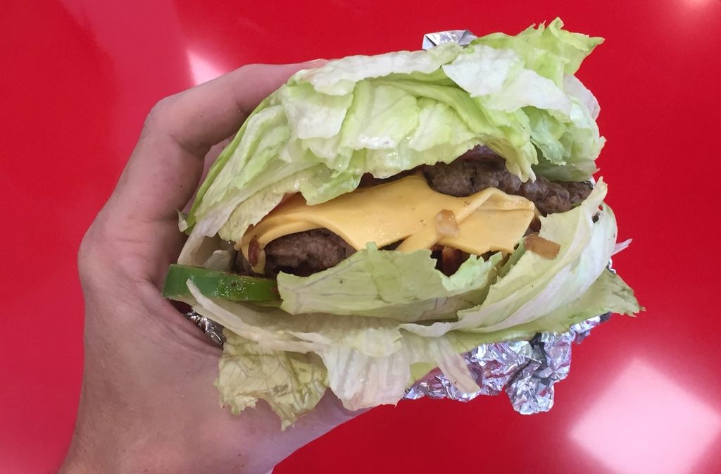 keto cheeseburger in a lettuce wrap at five guys