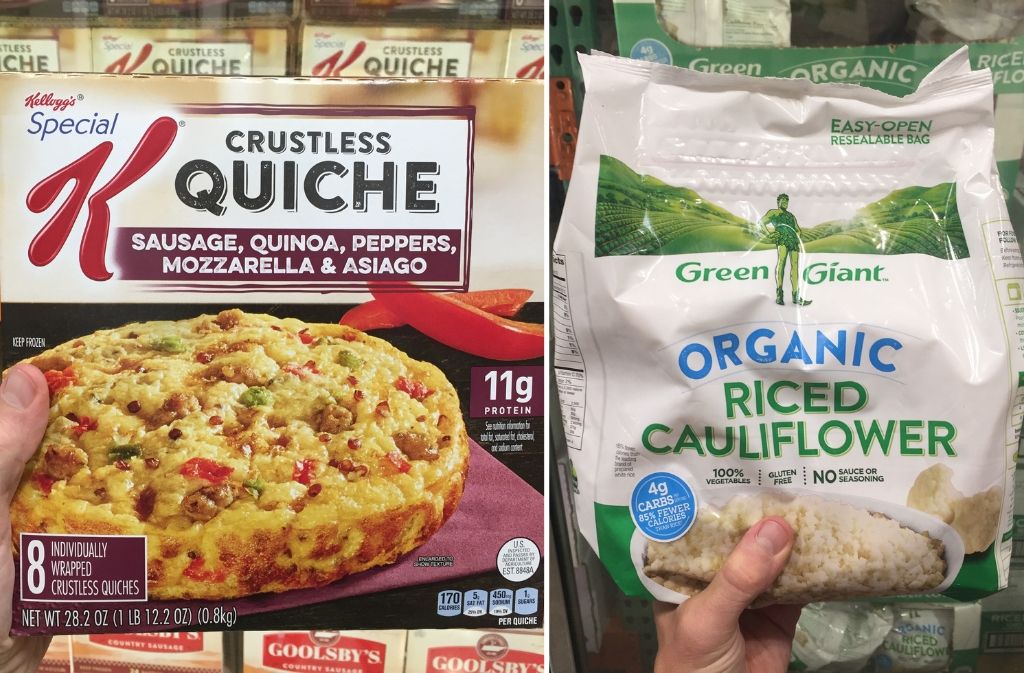 keto foods at costco a special k frozen crustless quiche package beside a bag of green giant organic riced cauliflower