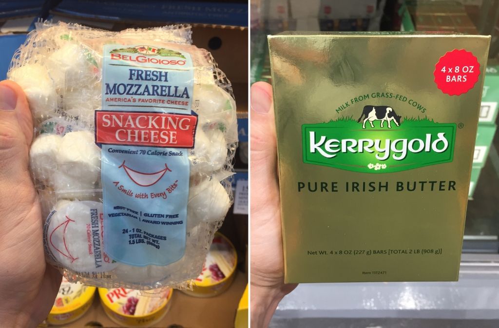 keto foods at costco a bag of fresh mozzarella snacking cheese beside a box of kerrygold irish butter