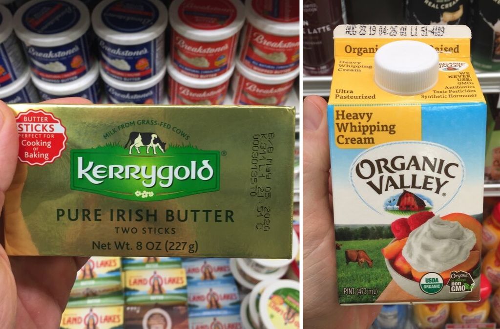 box of kerrygold irish butter beside a container of organic valley heavy whipping cream