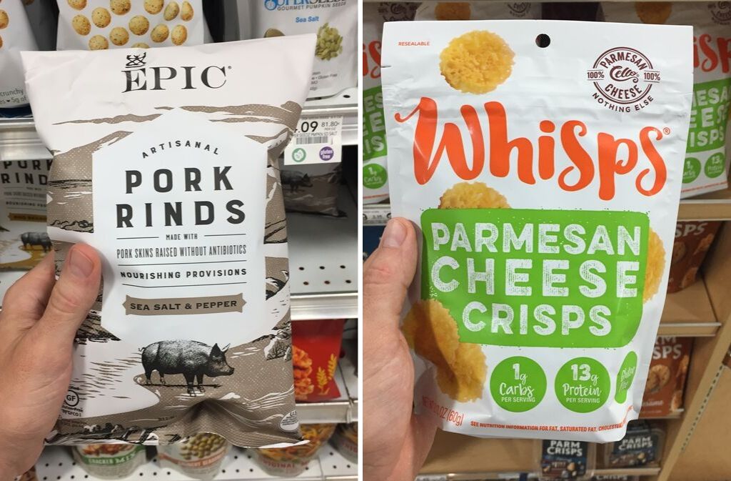 bag of epic pork rinds beside a bag of whisps parmesan cheese crisps