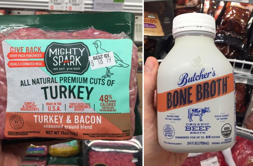 package of mighty spark ground turkey and bacon besides a jar of butchers bone broth 
