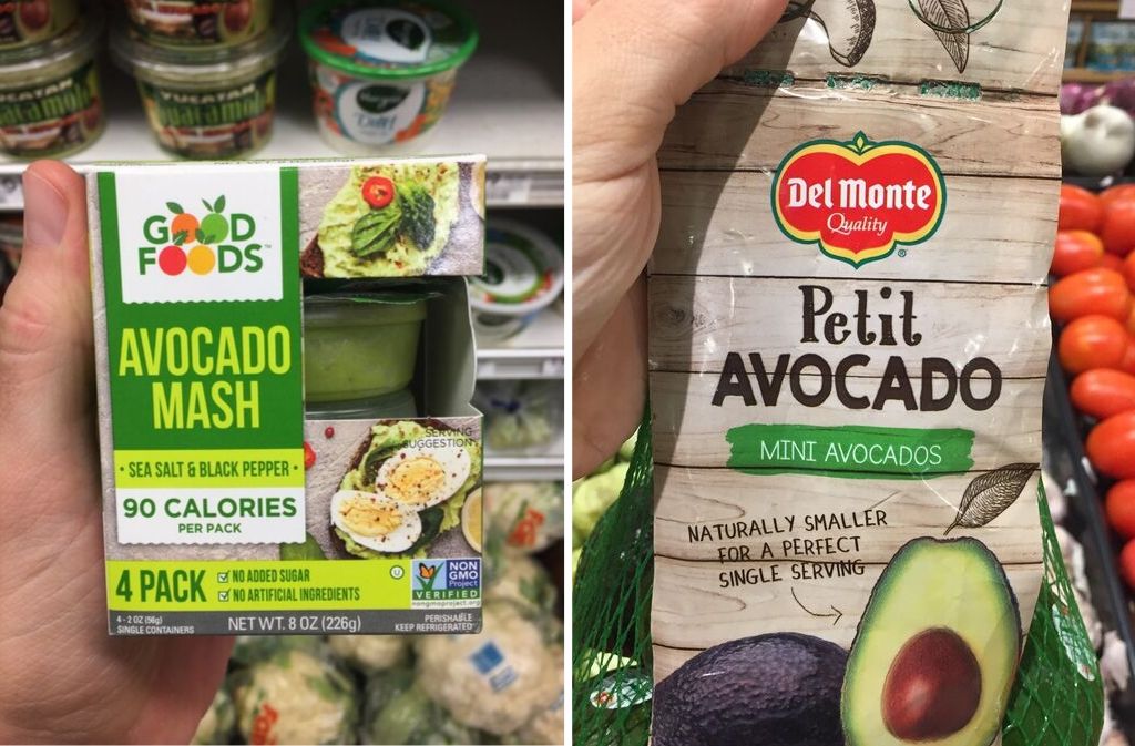 good foods avocado mash beside a bag of del mote mini avocados