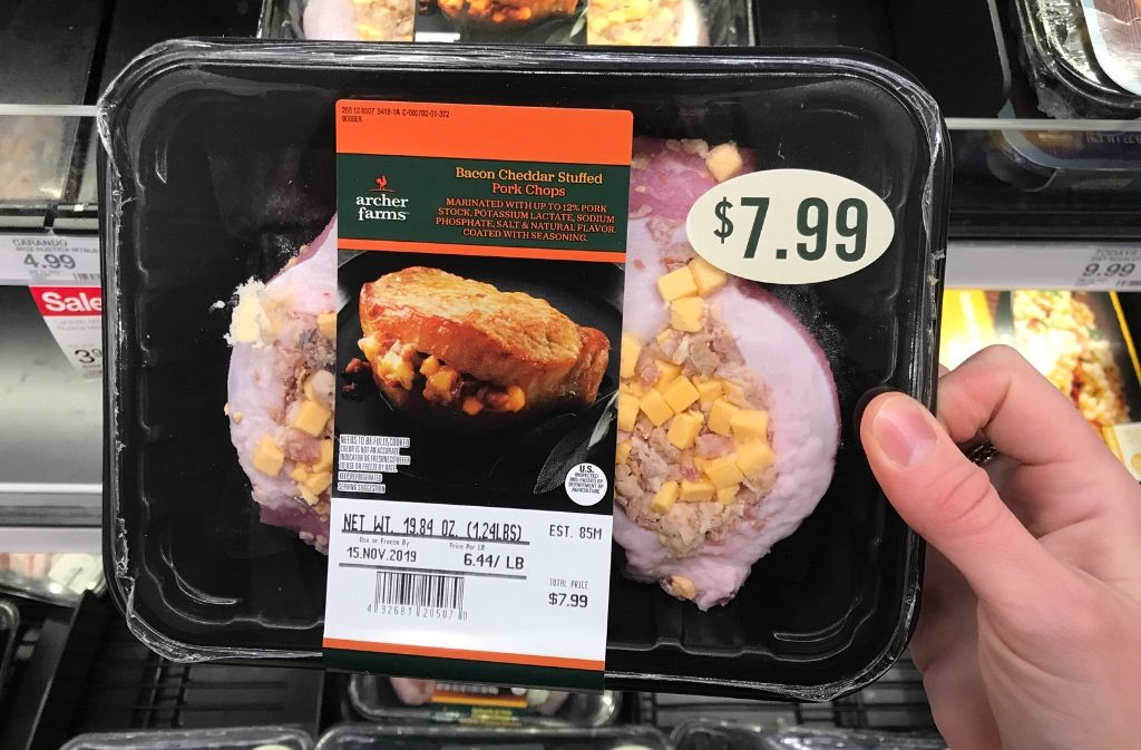 package of archer farms bacon cheddar stuffed pork chops