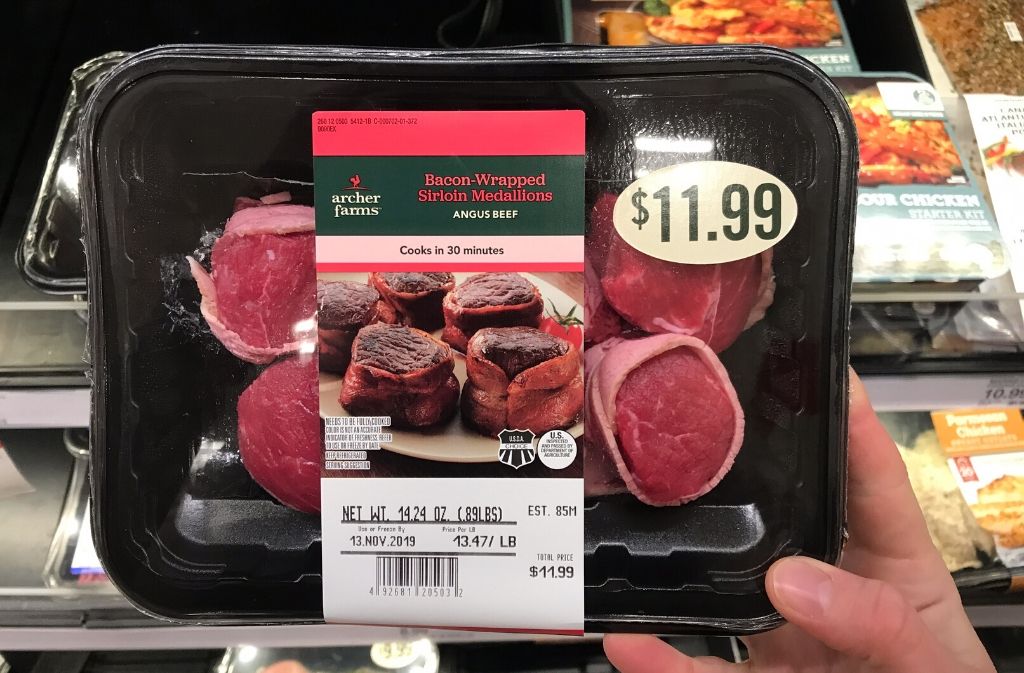 package of archer farms bacon wrapped sirloin medallions
