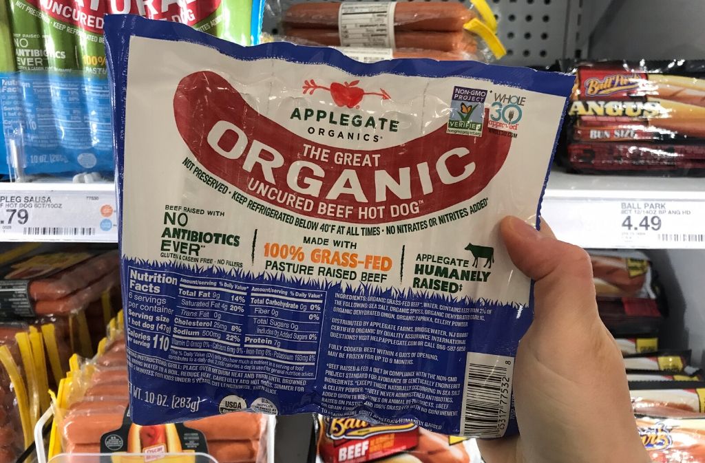 a package of applegate organics beef hot dogs
