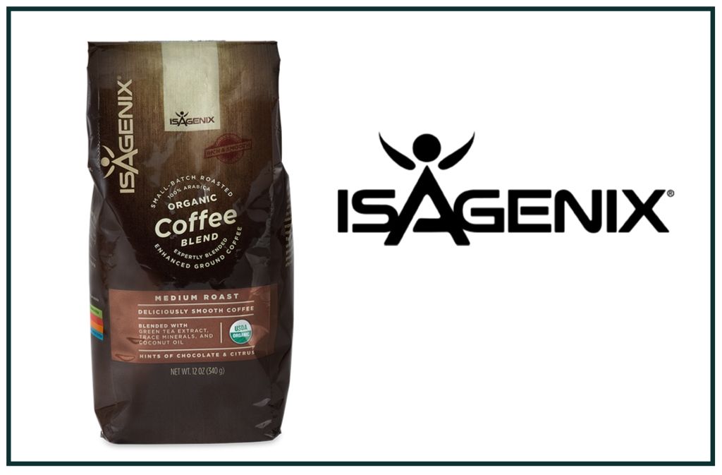 bag of organic isagenix coffee next to isagenix logo