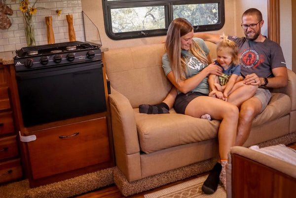 Inside RV while traveling with a toddler.