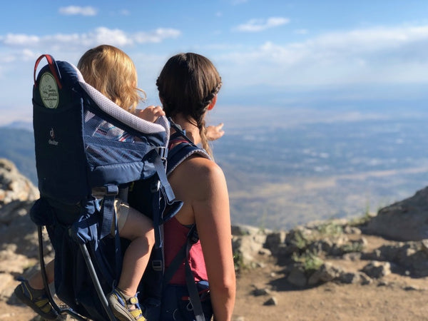 Enjoying the view with a toddler a backpack. 