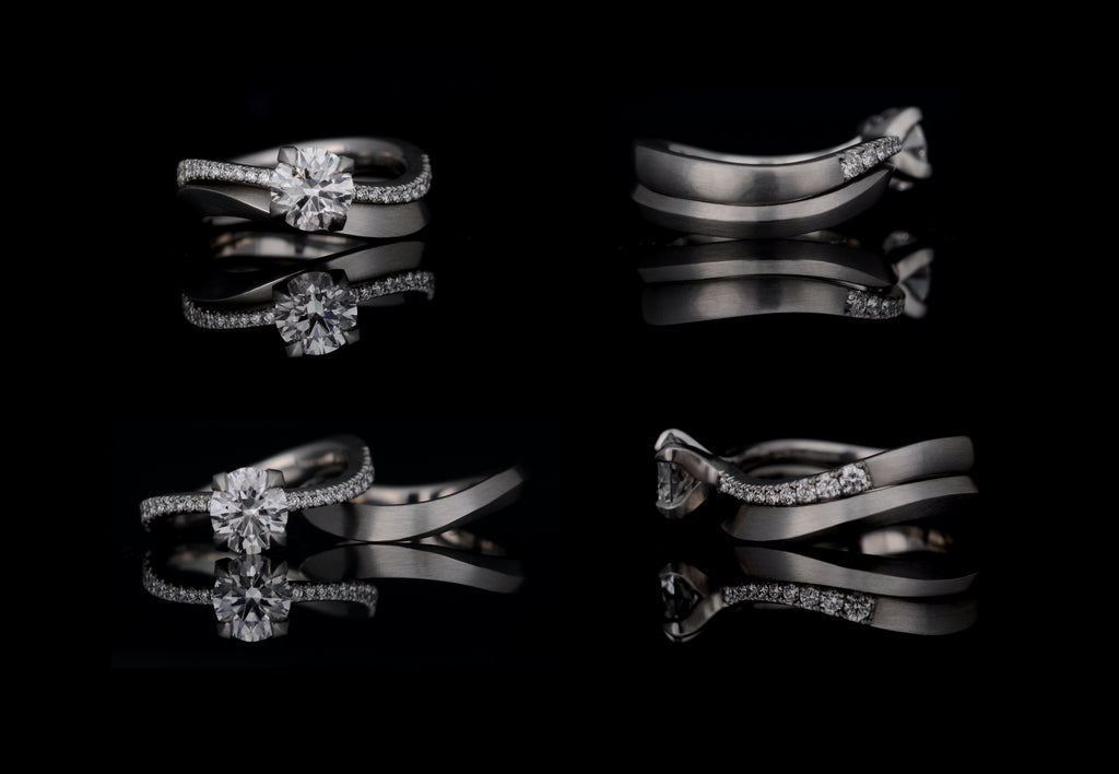 Bespoke engagement ring and matching wedding band multi angle view