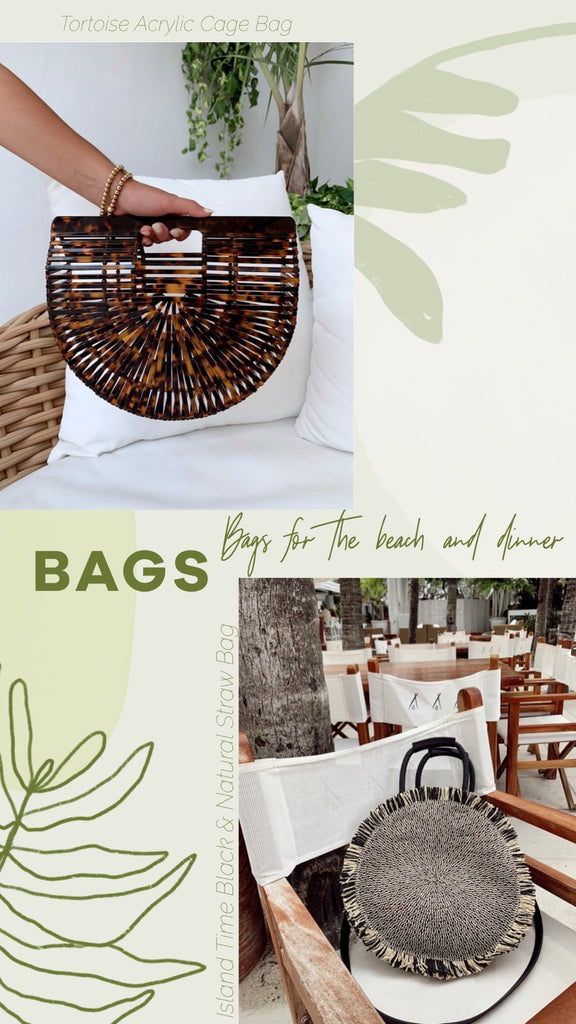 tortoise cage bag and black and natural straw summer bag