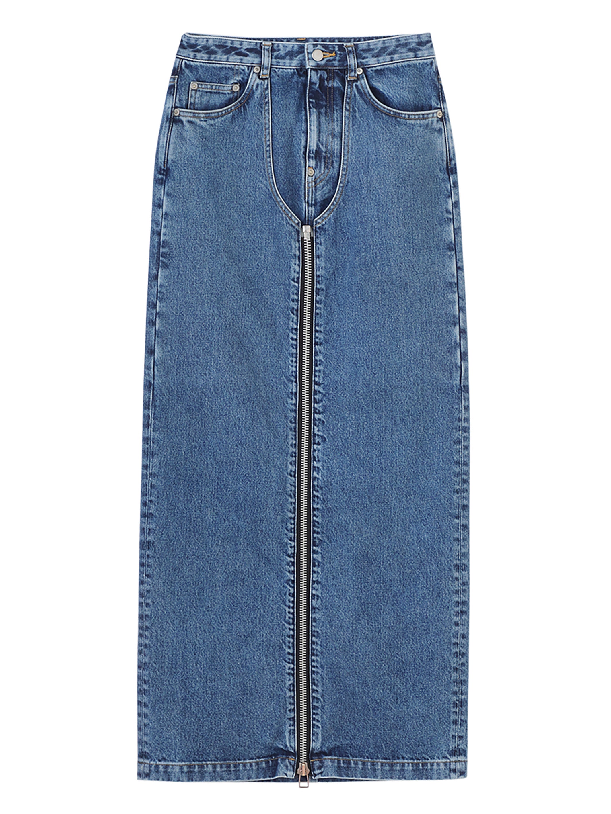 Washed Denim Zipped Long Skirt