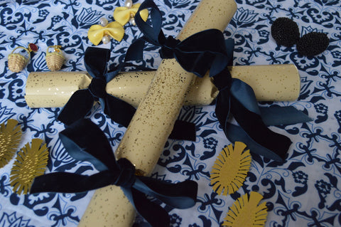Chefanie Gold Crackers with Navy Velvet Ribbon Bows 