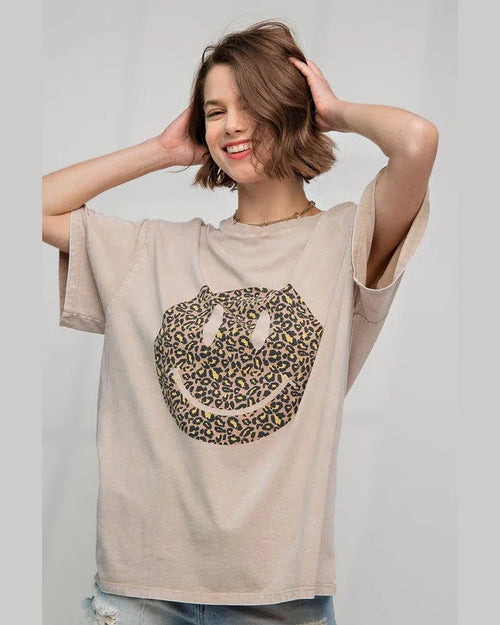 Happy Face Print Washed Cotton Top-Graphic Tee-Easel-Small-Khaki-cmglovesyou