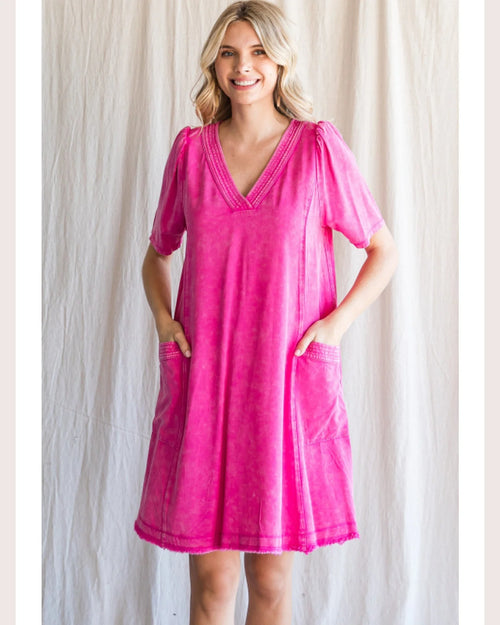 V-Neck Puff Sleeve Shirt Dress-Dress-Jodifl-Small-Hot Pink-cmglovesyou