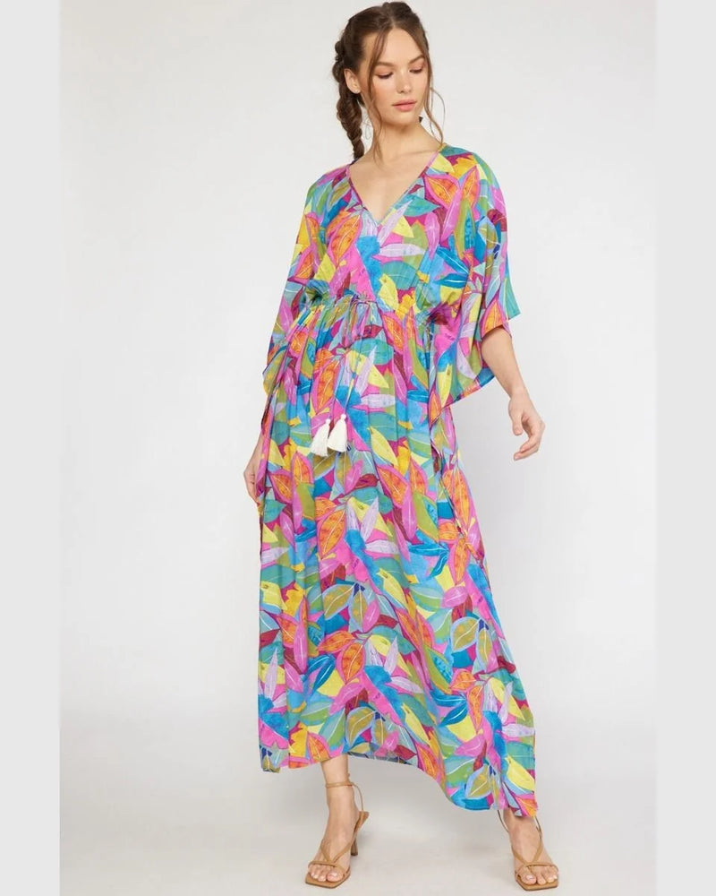 Print V-Neck Maxi Dress-dress-Entro-Small-Magenta Multi-cmglovesyou
