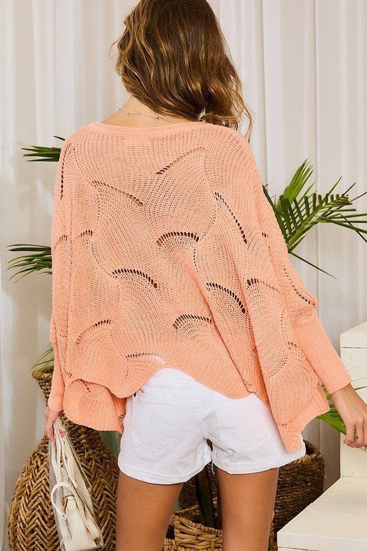 Sunshine Scalloped Sweater-Main Strip-Small-Coral-cmglovesyou