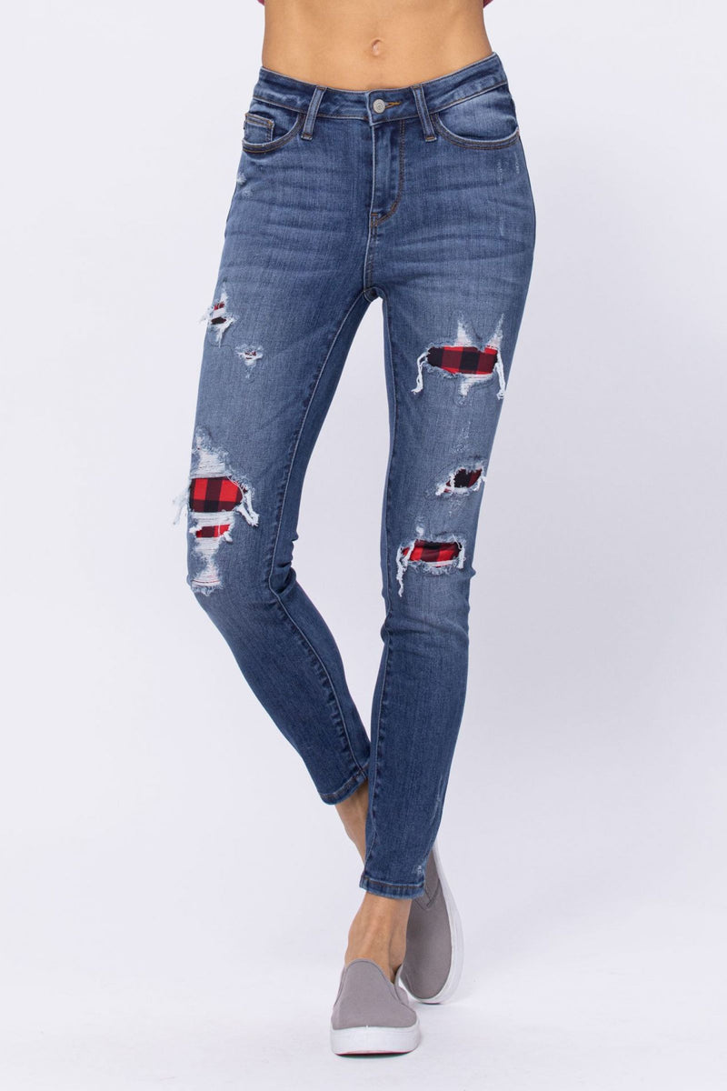 Mid-Rise Buffalo Plaid Skinny Jeans-bottoms-Judy Blue-1(25)-cmglovesyou