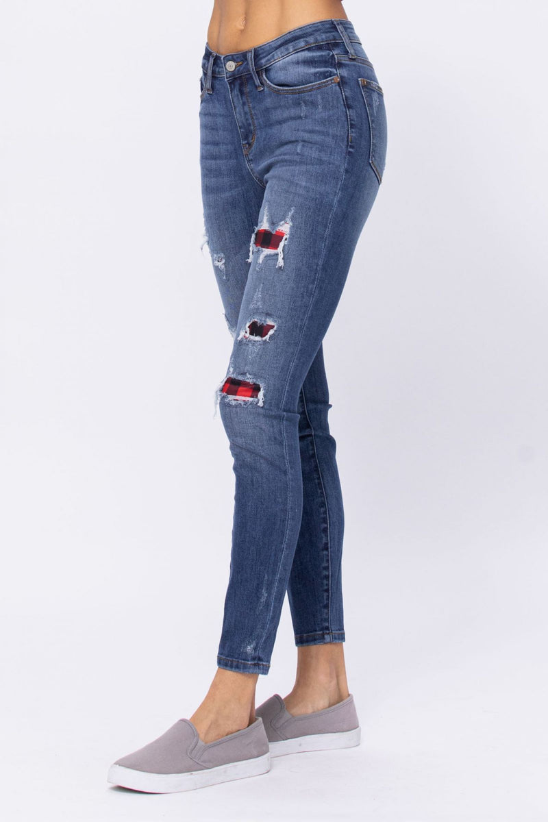 Mid-Rise Buffalo Plaid Skinny Jeans-bottoms-Judy Blue-1(25)-cmglovesyou