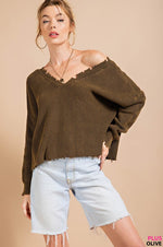 Distressed Dual V-Neck Sweater-Shirts & Tops-Kori America-Small-Olive-cmglovesyou