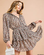 Flower Print Smoked Waist Dress-Dresses-Kori America-Small-Camel Mix-cmglovesyou