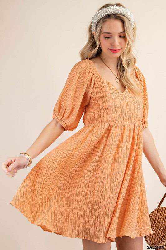 Crinkle Texture Smocked Back Dress-Dresses-Kori America-Small-Salmon-cmglovesyou