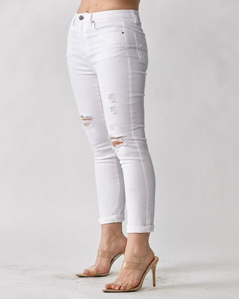 Distressed White Skinny Pants-bottoms-Risen Jeans-25-White-cmglovesyou