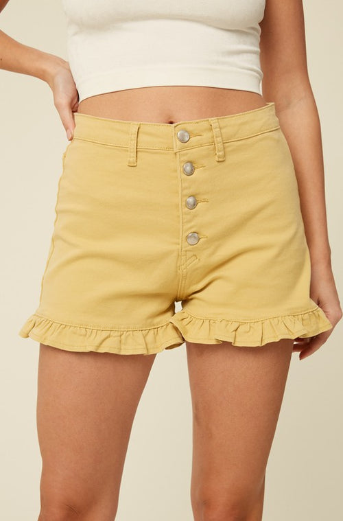 Button Front Ruffle Hem Shorts-Listicle-Small-Mustard-cmglovesyou