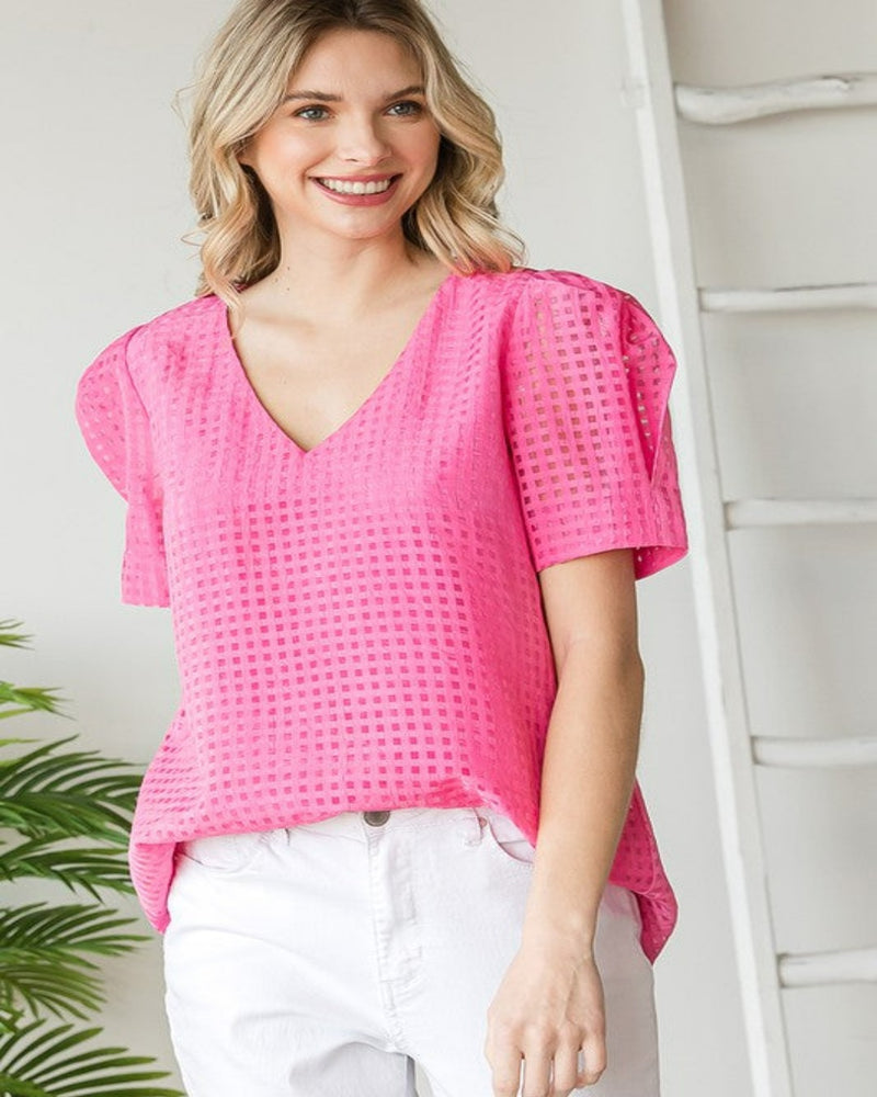 Checkered Burnout Puff Sleeve Top-Tops-Jodifl-Small-Pink-cmglovesyou