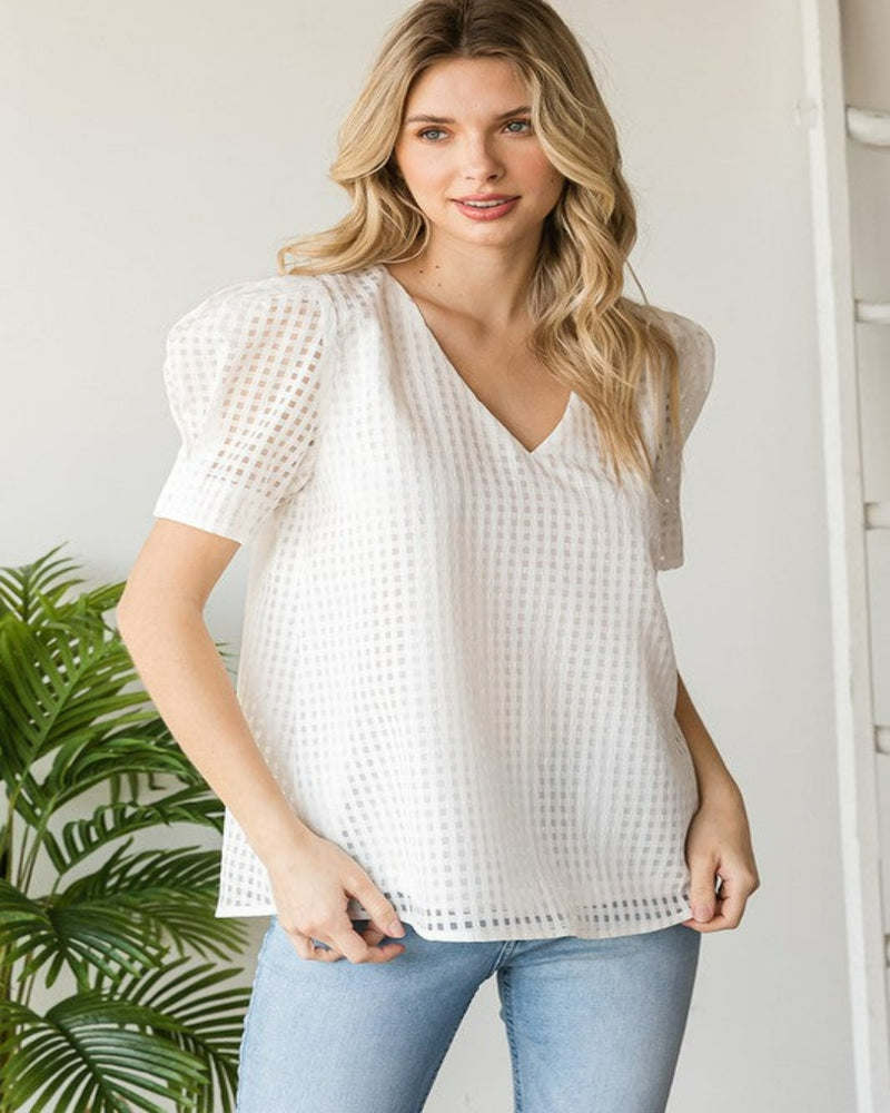 Checkered Burnout Puff Sleeve Top-Tops-Jodifl-Small-Off White-cmglovesyou
