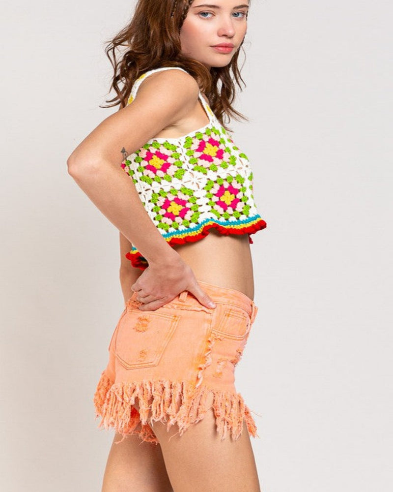 Fringe Detailed Twill Shorts-bottoms-Pol Clothing-Small-Neon Orange-cmglovesyou