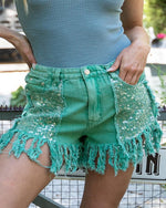 Sequin Adorned Twill Shorts-bottoms-Pol Clothing-Small-Tropical Green-cmglovesyou